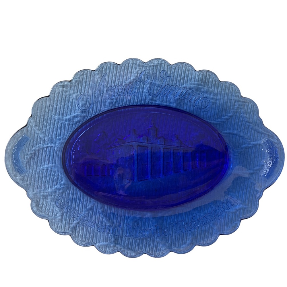 Cobalt Blue Translucent Glass Serving Plate Mt Vernon George & Martha Washington